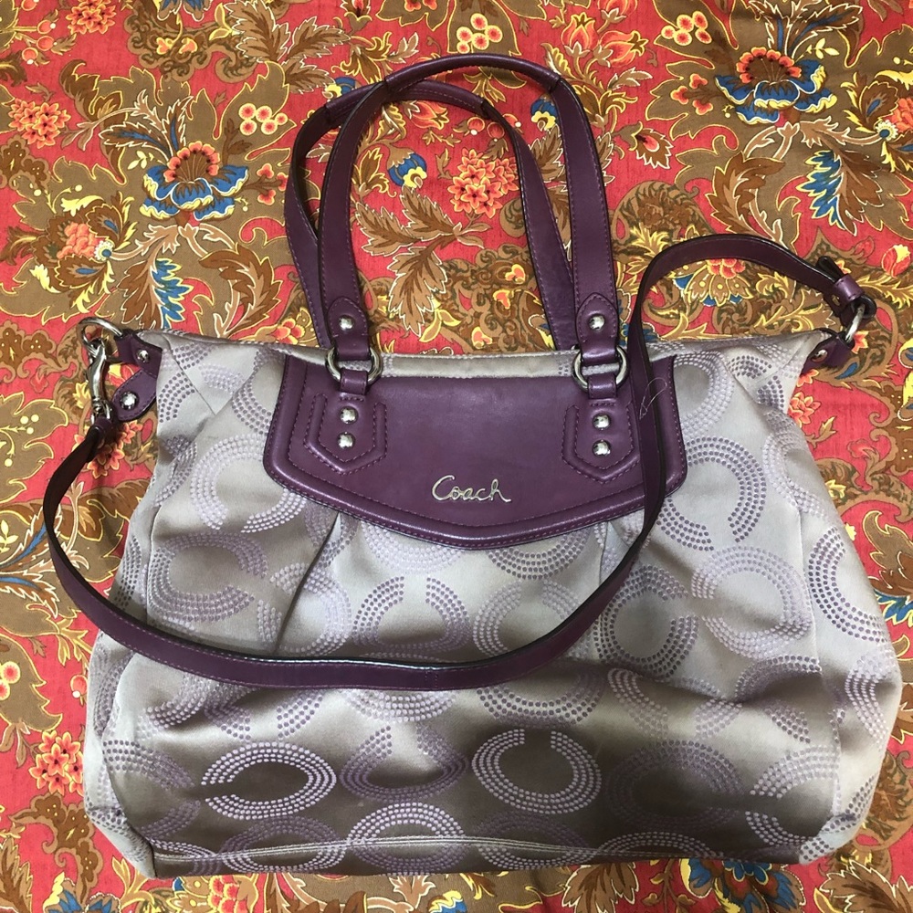 Coach Canvas Handbag With Purple Leather Trim